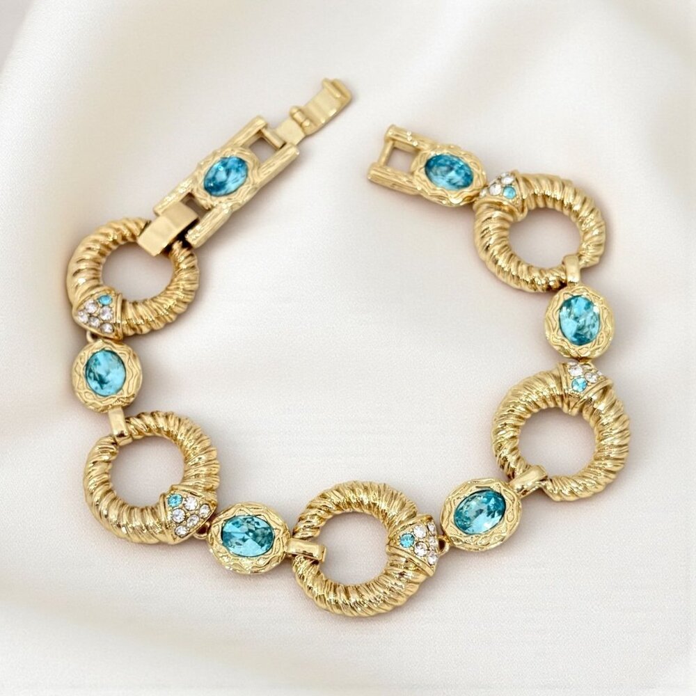 Vntg. Princess Grace Collection Gold Tone Bracelet w/Aqua Crystals & Rhinestones